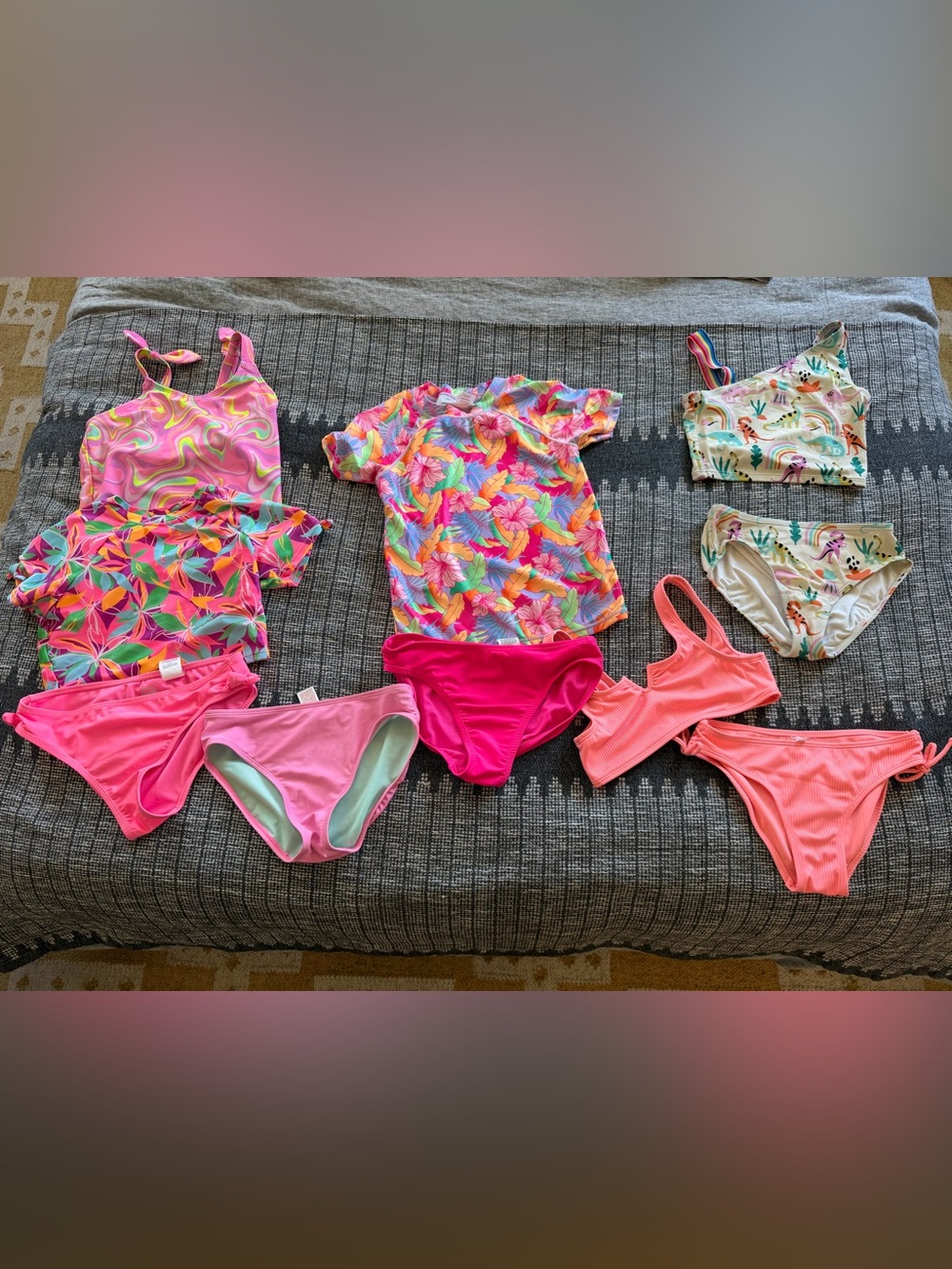 Hanna Andersson Girls' Swimsuit Set - Teal, Coral & Yellow Floral Print 5 Set